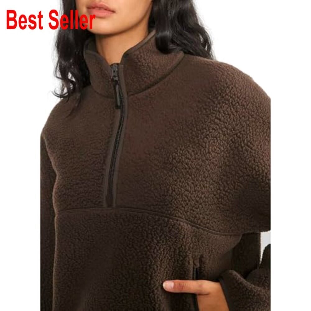 Cropped Half-Zip Sherpa Fleece Pullover with Pockets, Women's Oversized Hoodie - Picture 7 of 7